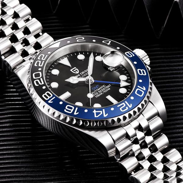 

wristwatches pagani design gmt men mechanical watch 100m waterproof sapphire glass stainless steel business men's, Slivery;brown