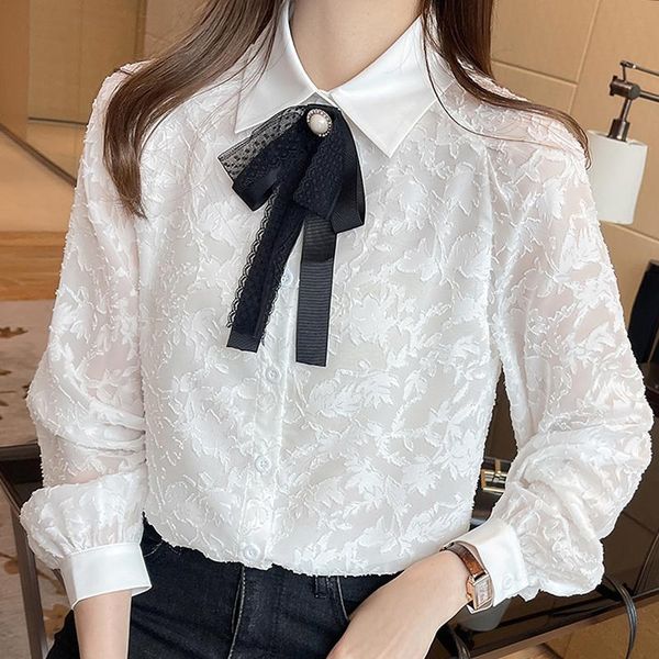 

women's blouses & shirts long sleeve white blouse women blusas mujer de moda 2021 turn down collar chiffon shirt e676