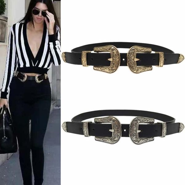 

belts fashion vintage carved design alloy metal leather for women double buckle waist belt waistband female, Black;brown