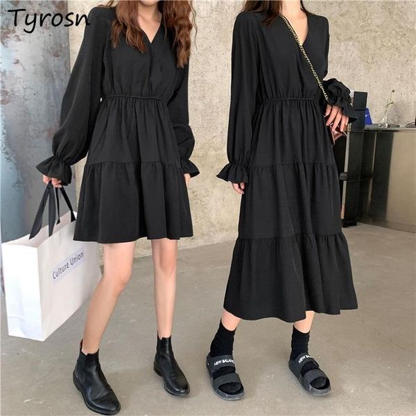 

casual dresses women midi solid flare sleeve spliced ruffles temperament simple streetwear lovely vestidos daily sweet v-neck fashion, Black;gray