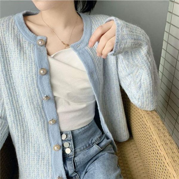 

women's knits & tees knitted cardigan jacket women 2021 autumn and winter fashion long-sleeved round neck solid color sweater all-match, White