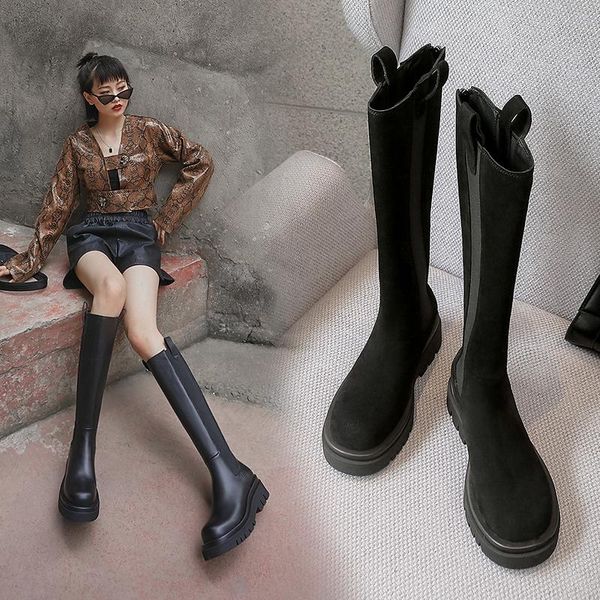 

boots round toe knee high autumn winter chunky heels shoes woman 2021 genuine leather party basic tight, Black