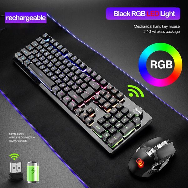 

keyboard mouse combos recharging wireless gaming mechanical feeling keyboards rgb backlit 2.4g 2400dpi pc gamer keypad punk