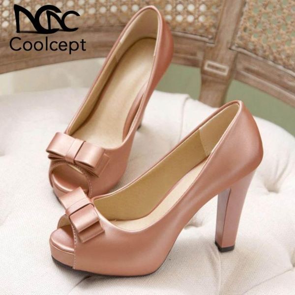 

dress shoes coolcept women pumps pu leather elegant ladies bow-knot peep toe spring wedding party footwear size 32-43, Black