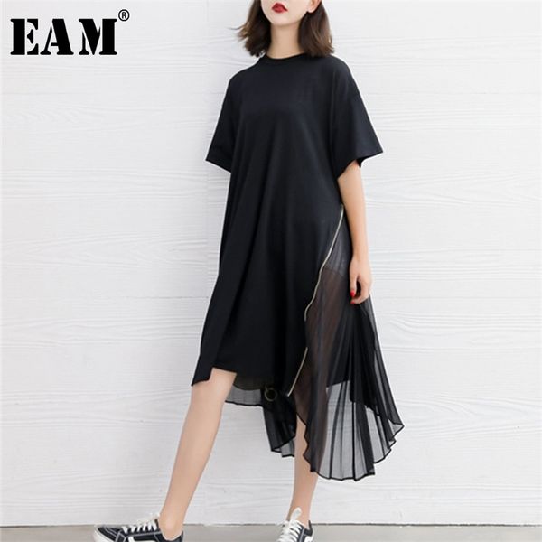 

[eam] spring summer woman new black color short sleeve o-neck long loose spliced pleated chiffon irregular dress li435 210331, Black;gray