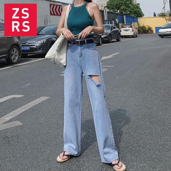 

women's jeans zsrs pants spring 2021 loose straight high waist all-match wide legs ripped for women, Blue