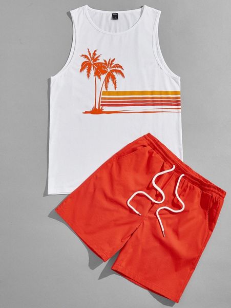 

men tropical & striped print tank and drawstring shorts set g8st#, Gray