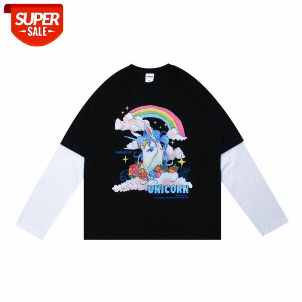 

unicorn print fake two-piece long-sleeved t-shirt men's loose round neck pullover bottoming shirt #yp7d, White;black