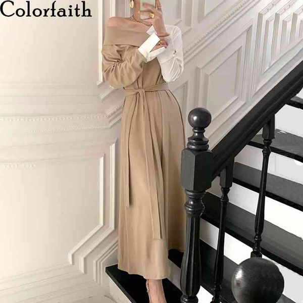 

colorfaith new women's autumn winter dresses vintage one shoulder patchwork lace up korean elegant lady long dresses dr1502 210413, Black;gray