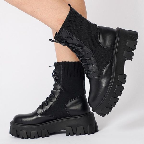 

boots autumn/winter fashion women ankle motorcycles platform chunky heel round toe stretch tube biker shoes ladies female, Black