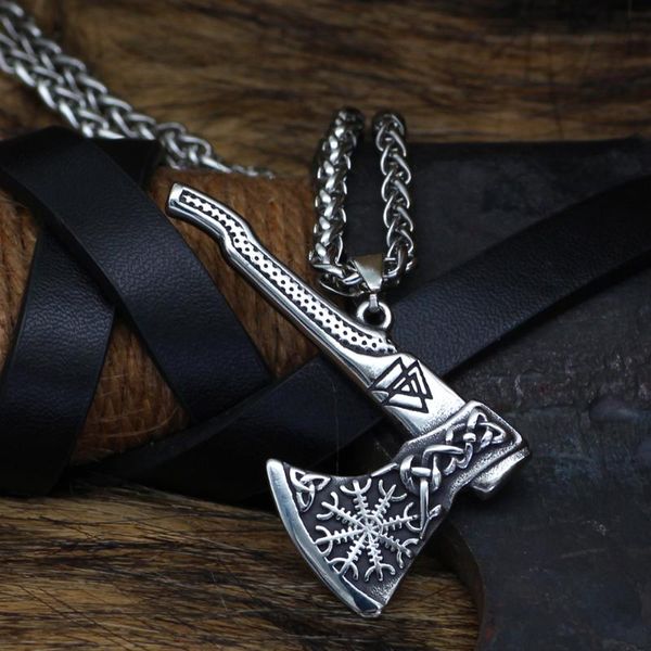 

chains nordic viking axe necklace valknut stainless steel jewelry men with gift bag, Silver