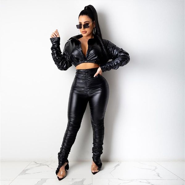 

women's two piece pants women fashion set pu folds long sleeve trousers fall 2021 clothing 2 sets leather conjunto, White