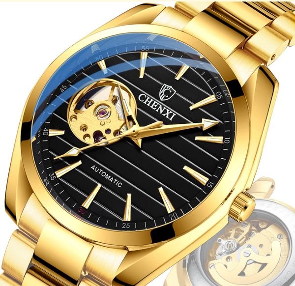 

chenxin automatic mechanical transparent movement luminous mens watch tourbillon skeleton watches stainless steel band luxury business wrist, Slivery;brown