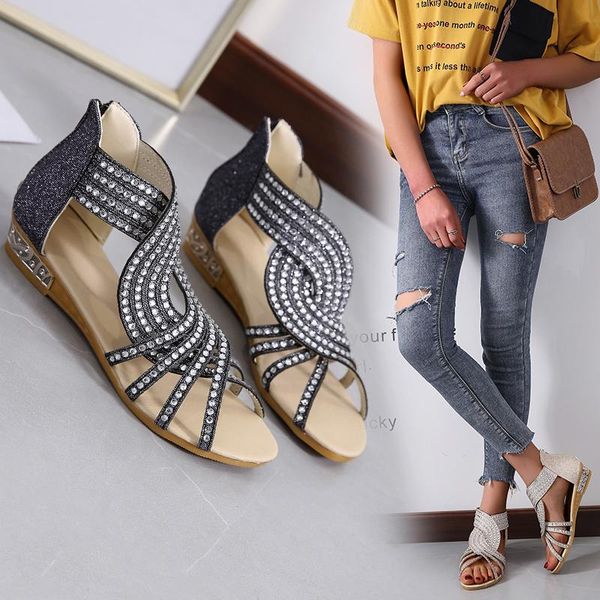 

leather gladiator sandals fashion with diamond decoration women open toe shoes comfortable breathable bling, Black