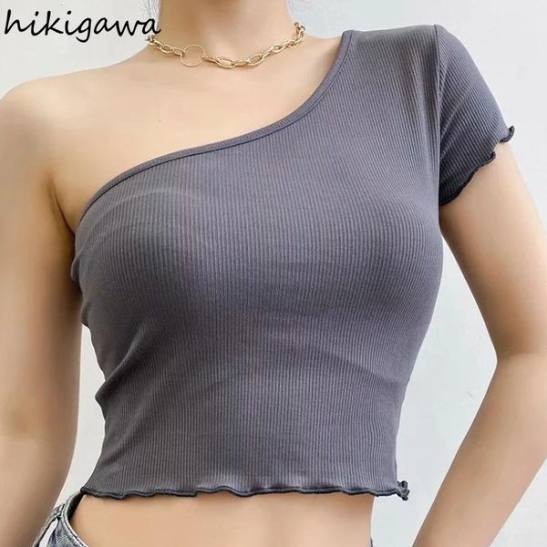 

women's t-shirt hikigawa t-shirts 2021 summer skew collar irregular single short sleeve woman tshirts solid slim elegant, White