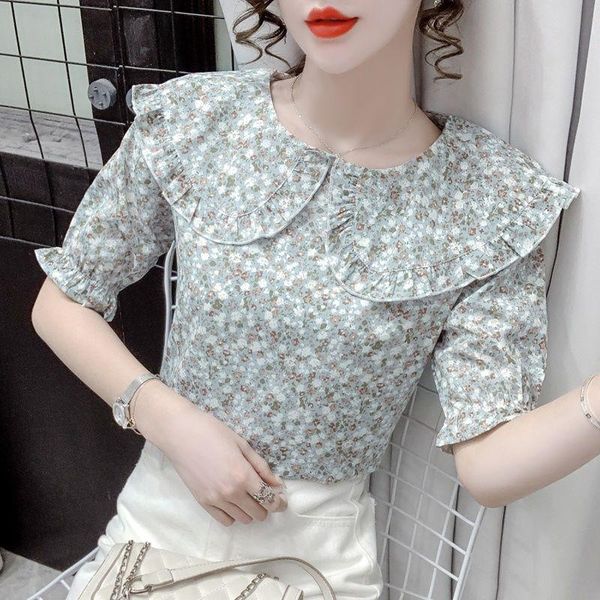

women's blouses & shirts doll collar sweet floral chiffon shirt 2021 summer retro all-match age-reducing short-sleeved women, White