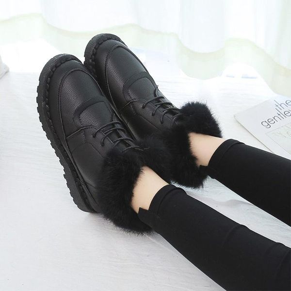 

boots women snow winter ankle fashion shoes pu leather plush warm lace up female footwear comfort woman, Black