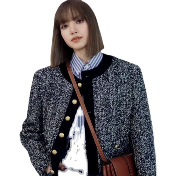 

women's jackets kpop korea celebrity lisa autumn vintage warm woolen coats womens tweed elegant wool coat slim female short, Black;brown