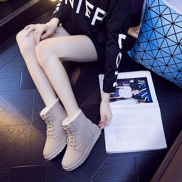 

boots winter woman snow 2021 plus velvet warm ankle fashion lace up flats women zapatos de mujer, Black