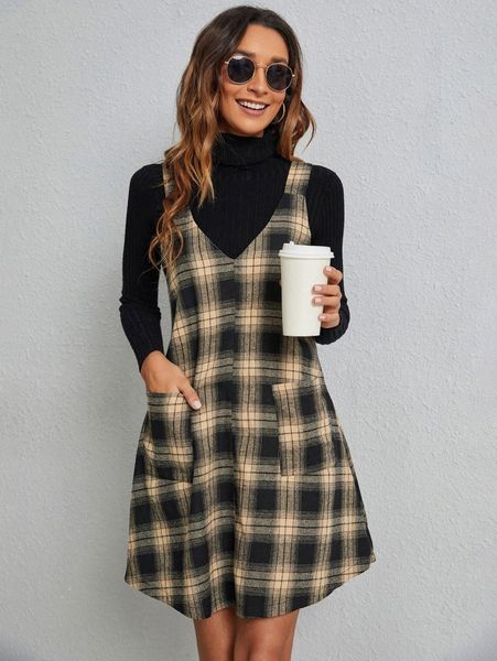 

plaid patched pocket overall dress 48ny#, Black;gray