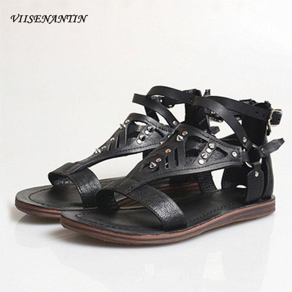 

sandals personality fashion casual open toe black summer rivet cowhide flat bottom roman women