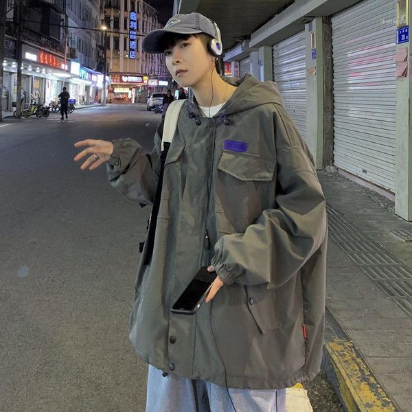 

men's jackets 2021 spring and autumn youth korean loose tooling hooded jacket fashion casual black/grey m-xl, Black;brown