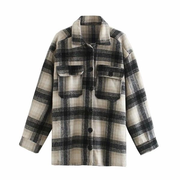 

fashion retro british style long-sleeved shirts loose check coat single-breasted double-pocket shirt jacket, White