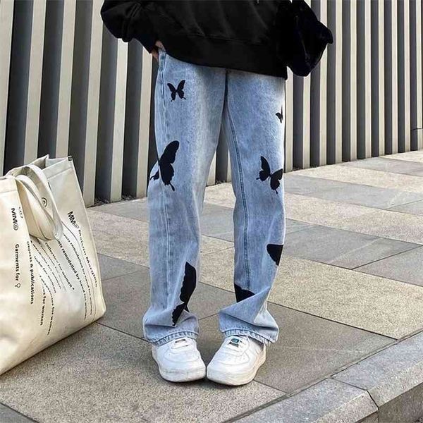

butterfly vintage jeans women summer loose large size high waist straight casual harajuku y2k pants plus 210915, Blue