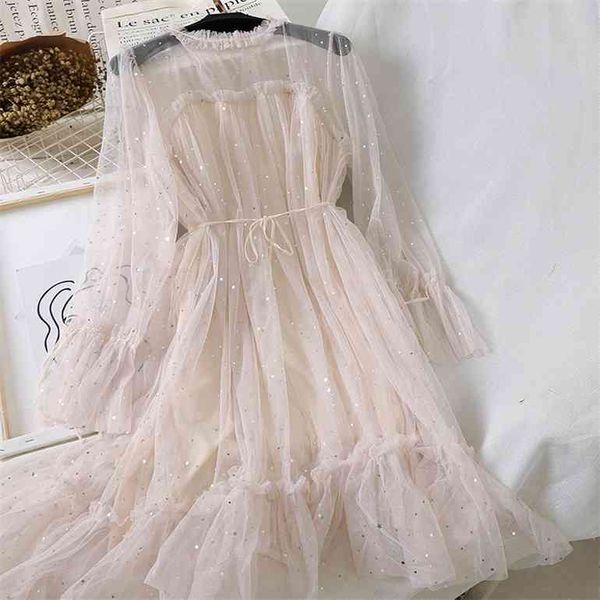 

2021 new women summer clothing bling bling sequined long sleeve dress elastic slim mesh gauze tulle dress, Black;gray