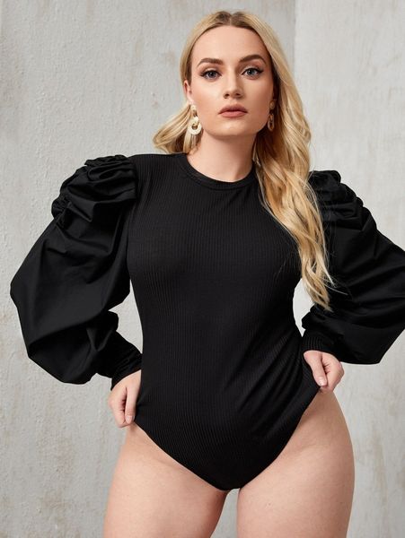 

plus solid leg-of-mutton sleeve bodysuit a5b0#, Black