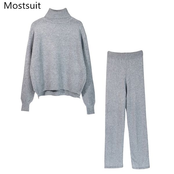 

knitted fashion two piece pants set tracksuit women turtleneck sweater + wide leg casual female sport warm 2 pcs sets 210513, White