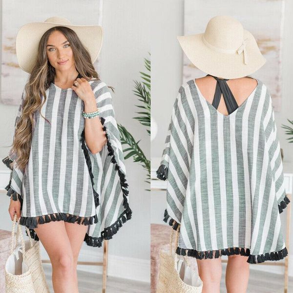 

womens ladies cardigan summer swimwear boho maxi dress bandage cover party beach girl striped bikini bathing suit for women, White;black