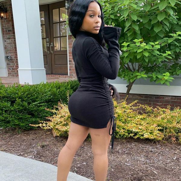 

casual dresses women bodycon mini dress party clubwear long flare sleeve hollow out turtleneck slim bandage, Black;gray
