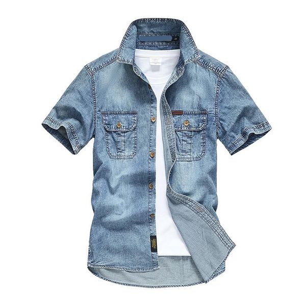 

summer lapel short-sleeved denim shirt men's fashion trendy brand solid color tooling casual shirts, White;black