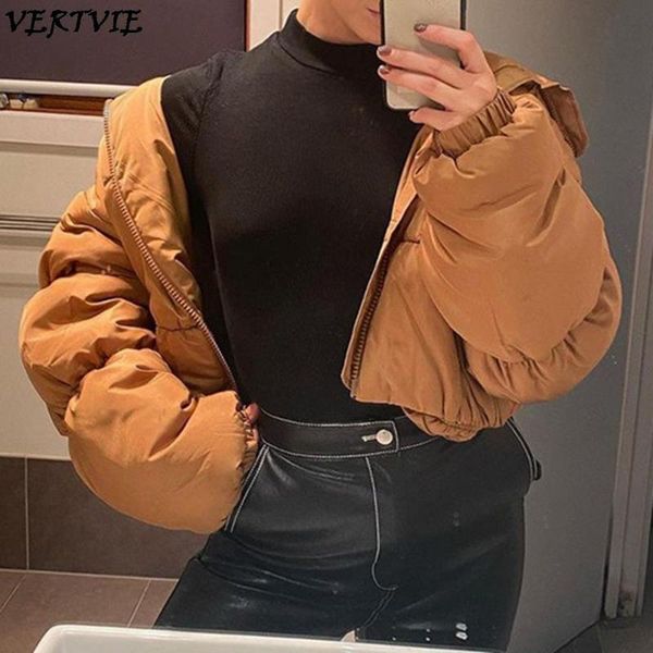 

running jackets vertvie winter women short padded jacket warm turtleneck simple zipper thick bubble coat street casual outerwear, Black;red