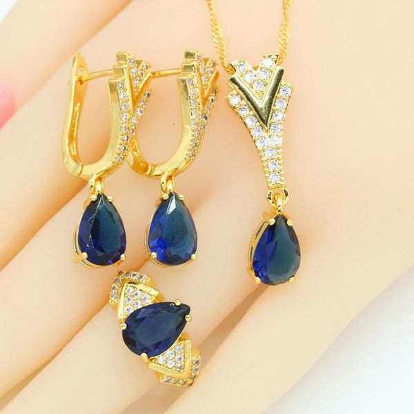 

earrings & necklace dubai gold color jewelry set for women blue white green semi-precious pendant rings gift box, Silver