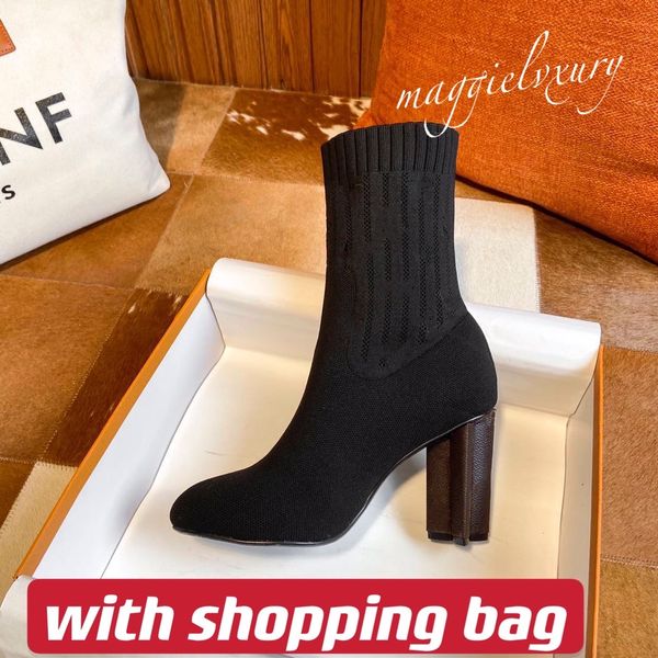 

ankle knitted sock boots comfort soft slip on women winter autumn christmas shoes pointed chunky heel lady insock boot, Black