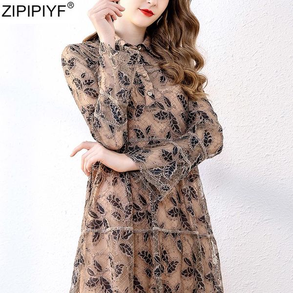 

casual dresses 2021 women lace hollow out dress flare sleeve chic elegant turn down collar embroidery vintage slim knee-length a-line vestid, Black;gray