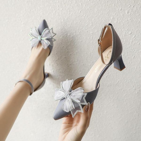 

sandals summer thick-heeled high-heeled bow-knot pointed bridal wedding shoes banquet dress all-match comfortable female, Black