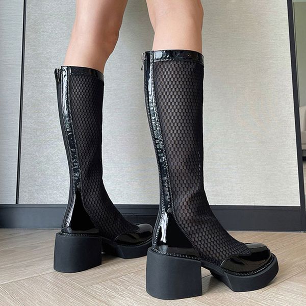 

Luxury Brand Design Chunky Heels Mesh Platform Zipper Knee High Boots Genuine Leather Woman Shoes, Black