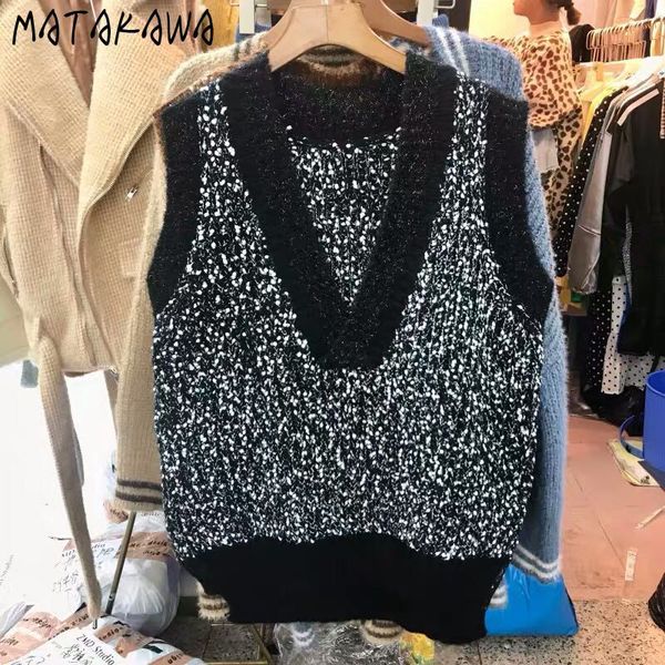 

vintage big v-neck knitted sweater vest pullover korean fashion waistcoat autumn and winter loose vest women 210513, Black;white