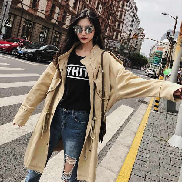 

women's trench coats vintage women long coat loose zipper slim khaki 7262, Tan;black