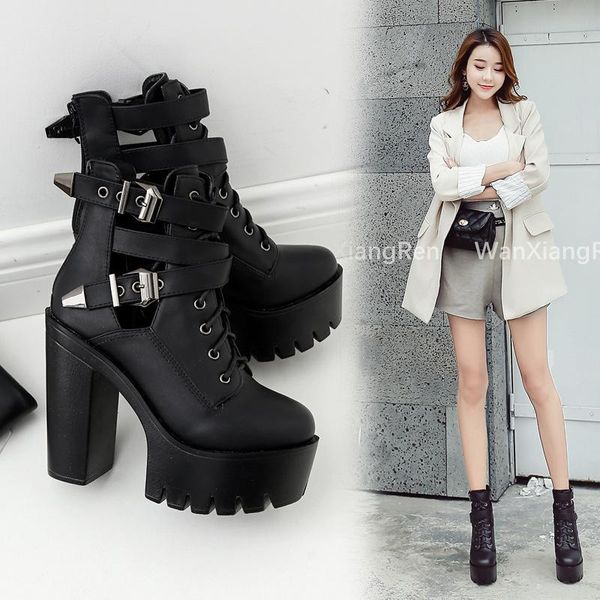 

boots 2021 nightclub bar stage performance shoes belt buckle thick heel waterproof platform high-heeled women's short, Black