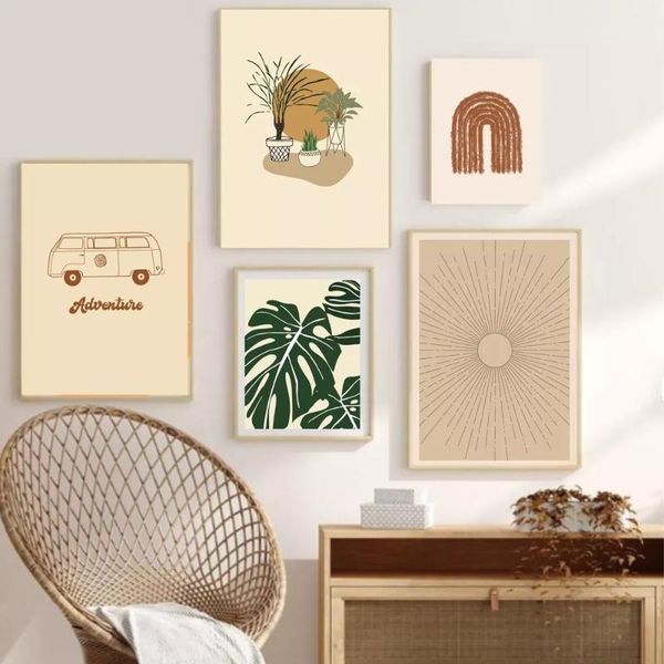 

paintings boho monstera leaf art prints and posters pictures nordic sunset wall canvas painting bedroom living room home decoration