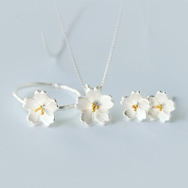 

earrings & necklace silver color jewelry set for women cherry blossoms opening ring flower shape simple fashion copper accessories