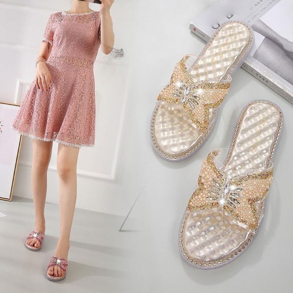 

slippers women's ladies summer fashion girls shoes bling crystal pearl flat slipper casual flip flops beach sandals 2021, Black