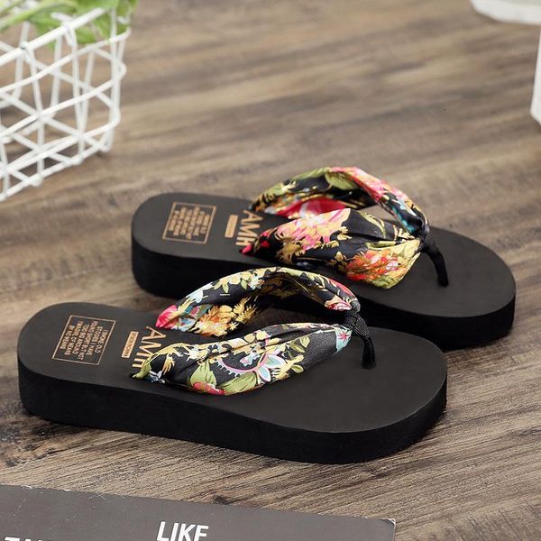 

slippers summer korean beach sandals soft wedge female printing design flip flops platform slides 248z, Black