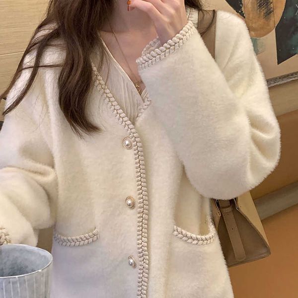 Japanische süße lose Pelzmantel Frauen koreanische kurze V-Ausschnitt-Jacke und Damen Winter warme weibliche Streetwear-Oberbekleidung Tops 210604