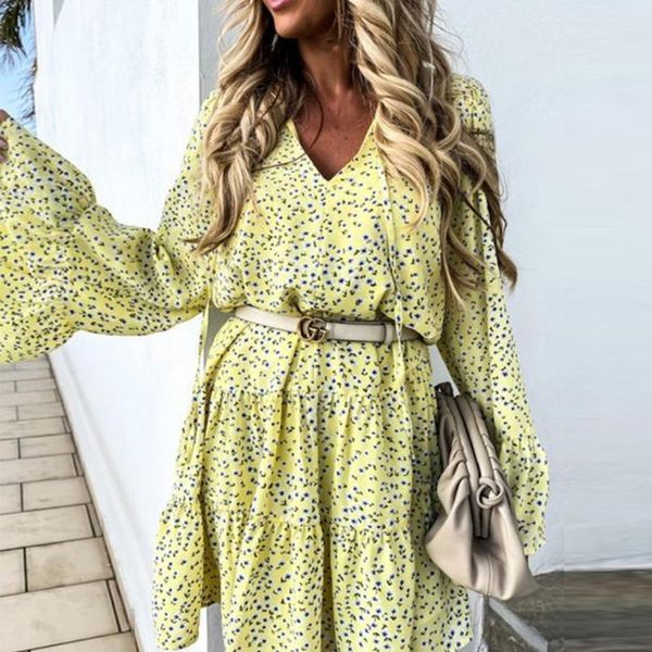 

v- neck floral print women dress 2021 autumn elegant flare long sleeve boho party casual pleated loose robe dresses, Black;gray