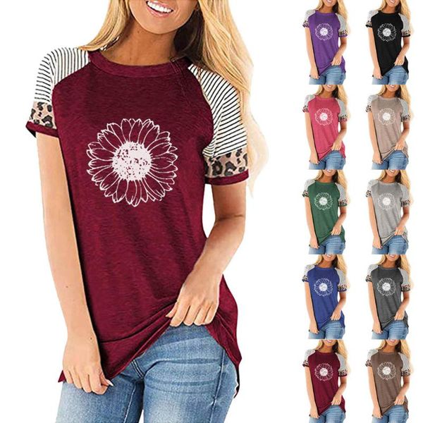 

fashion sunflower print blouse leopard loose o-neck casual 2021 summer ladies female women short sleeve blusas pullover women's blo, White